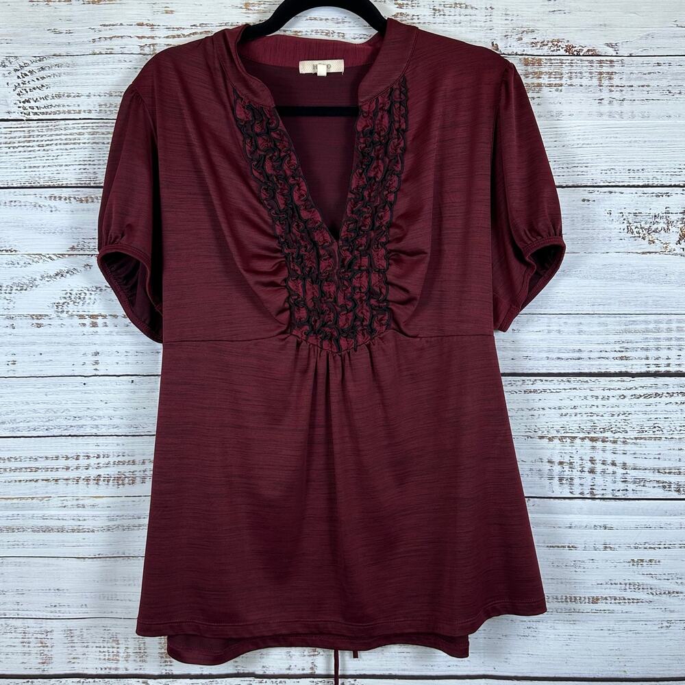 Womens Y2K Halo Burgundy Black Pleated Front V Neck Top Stretch Goth Witchy 2X
